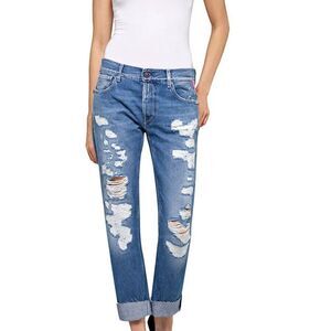 Replay Joplyn Jeans Distressed Jeweled Medium Blue Denim Straight Leg Size 27